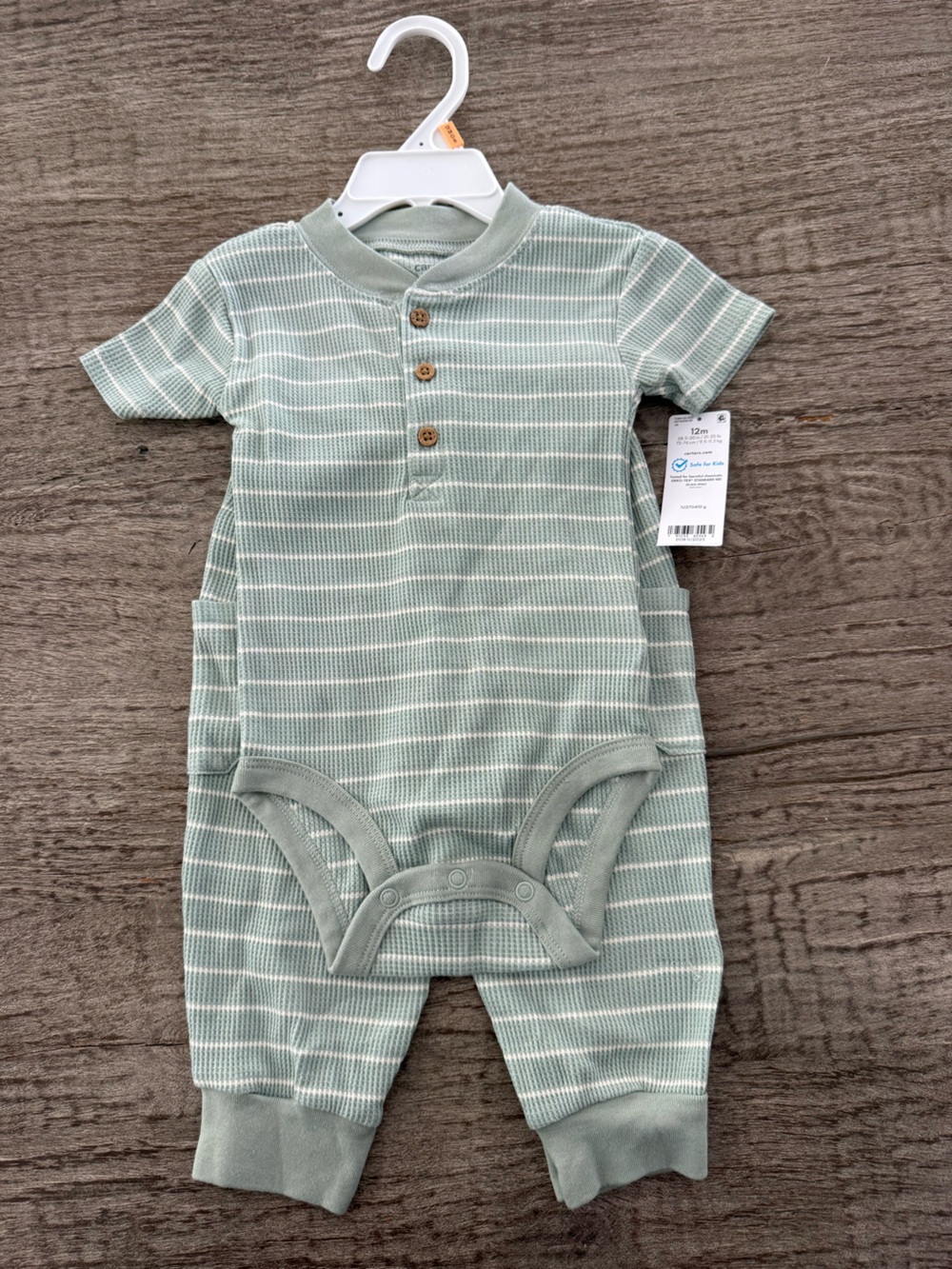 Carters two piece green white stripe bodysuit & pants set size 12 months NWT